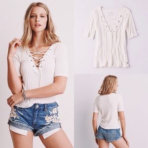 AE White Lace up top